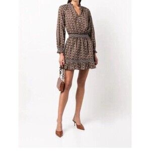 Veronica Beard NWT Espie Peasant Mini Dress Hazel Multi Size M Brown Smocked